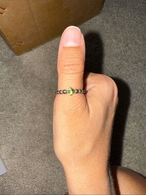Pandora Silver Beaded Ring with Green Stone